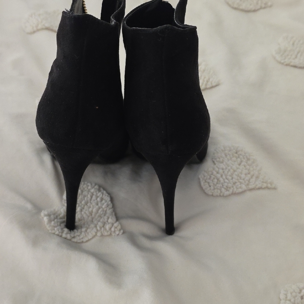 Mossimo Supply Co. Black Suede Peep-Toe Ankle Boots with Gold Trim - Picture 6 of 14